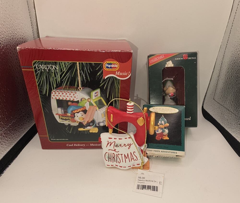 Vintage Christmas Ornament Lot Opus Penguin Tiny Toon Duck Popsicle Truck Sewing